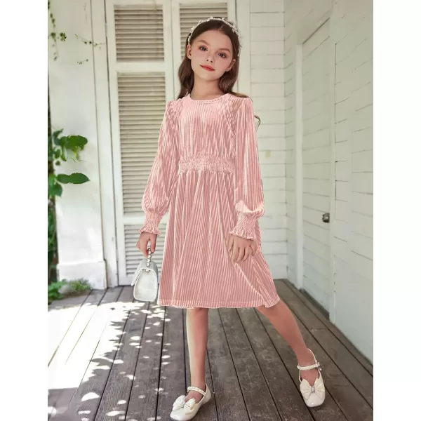 Arshiner Girls Long Sleeve Dress Velvet Crew Neck Midi Fall Vintage Plain Dress for Kids 4-13Y