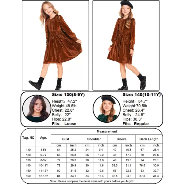 Arshiner Girls Long Sleeve Dress Velvet Crew Neck Midi Fall Vintage Plain Dress for Kids 4-13Y