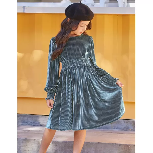 Arshiner Girls Long Sleeve Dress Velvet Crew Neck Midi Fall Vintage Plain Dress for Kids 4-13Y