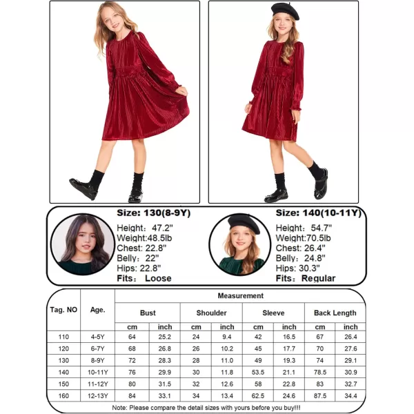 Arshiner Girls Long Sleeve Dress Velvet Crew Neck Midi Fall Vintage Plain Dress for Kids 4-13Y