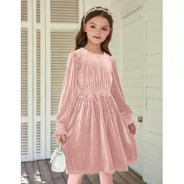 Arshiner Girls Long Sleeve Dress Velvet Crew Neck Midi Fall Vintage Plain Dress for Kids 4-13Y