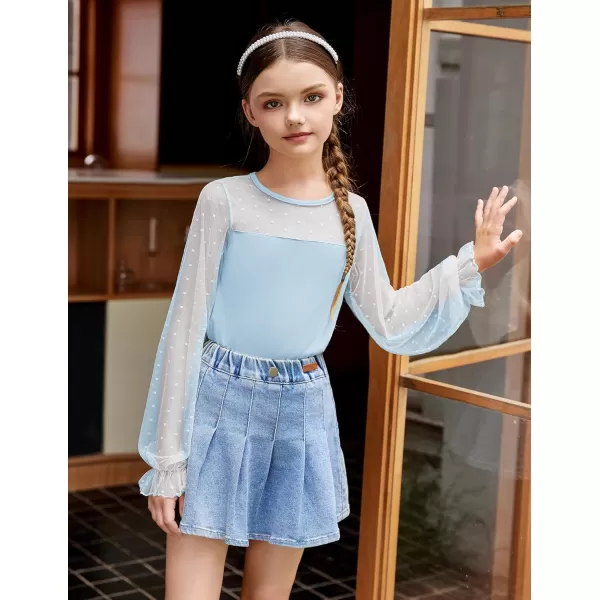 Arshiner Girls Long Sleeve Shirts with Sheer Puff Cute Lantern Sleeve Design Lady Style Swiss Dots Tops for Girls Blouse Tee