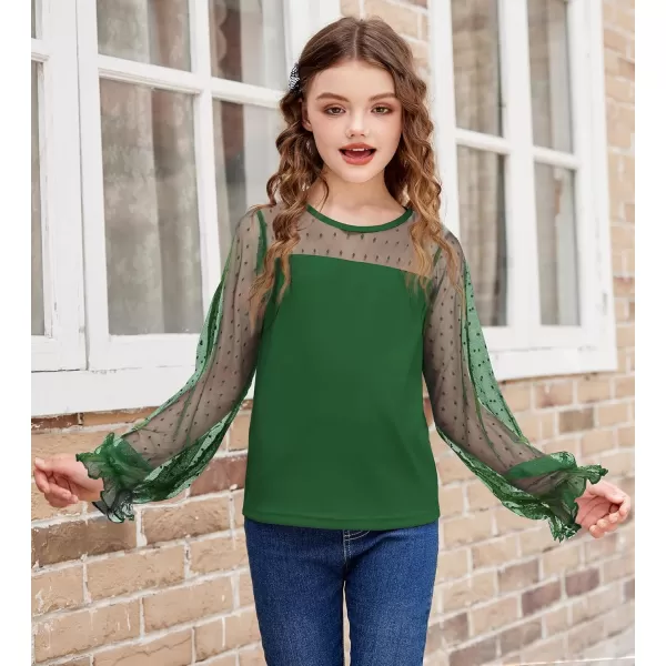 Arshiner Girls Long Sleeve Shirts with Sheer Puff Cute Lantern Sleeve Design Lady Style Swiss Dots Tops for Girls Blouse Tee