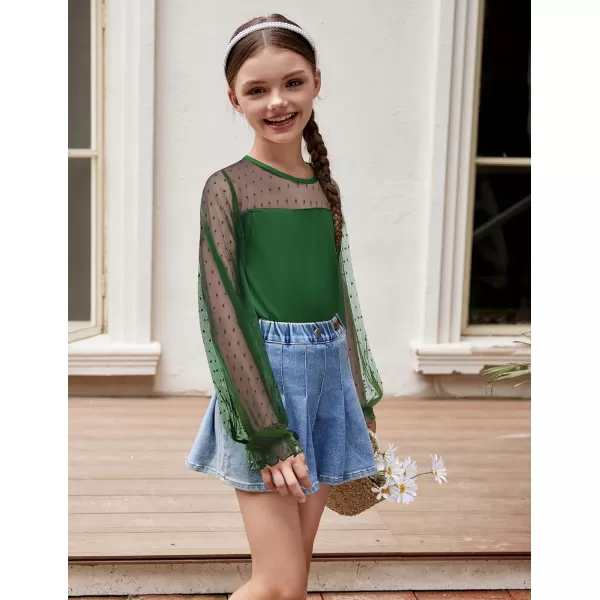 Arshiner Girls Long Sleeve Shirts with Sheer Puff Cute Lantern Sleeve Design Lady Style Swiss Dots Tops for Girls Blouse Tee