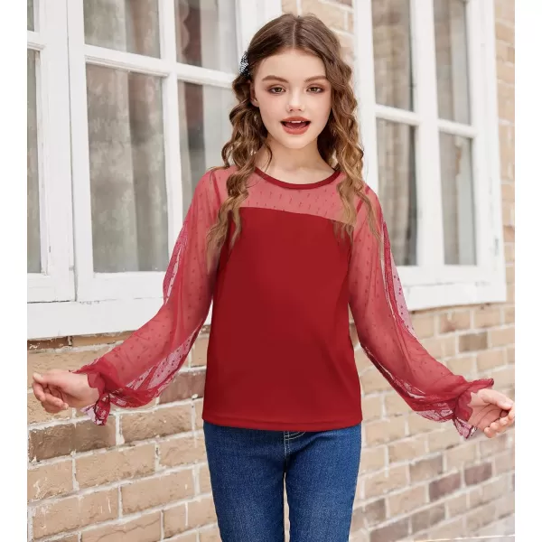 Arshiner Girls Long Sleeve Shirts with Sheer Puff Cute Lantern Sleeve Design Lady Style Swiss Dots Tops for Girls Blouse Tee