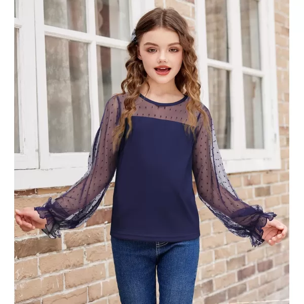 Arshiner Girls Long Sleeve Shirts with Sheer Puff Cute Lantern Sleeve Design Lady Style Swiss Dots Tops for Girls Blouse Tee