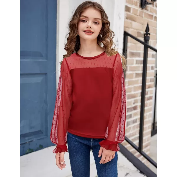 Arshiner Girls Long Sleeve Shirts with Sheer Puff Cute Lantern Sleeve Design Lady Style Swiss Dots Tops for Girls Blouse Tee