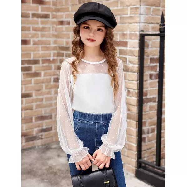 Arshiner Girls Long Sleeve Shirts with Sheer Puff Cute Lantern Sleeve Design Lady Style Swiss Dots Tops for Girls Blouse Tee