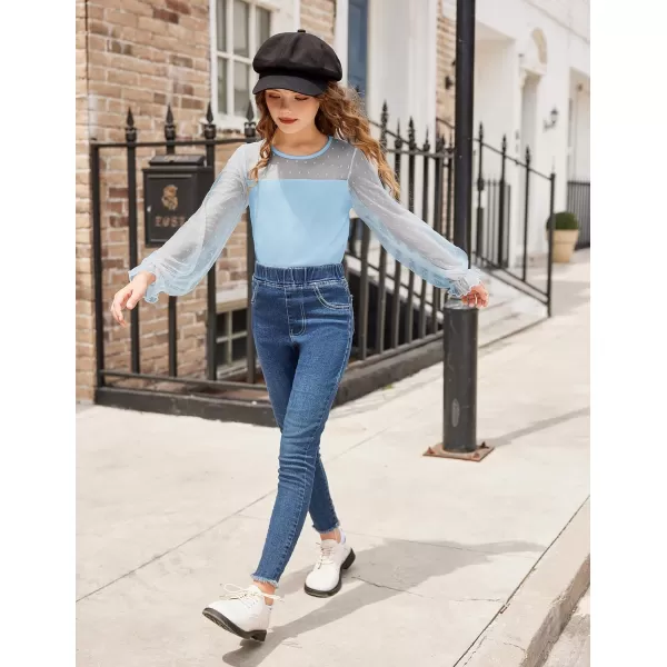 Arshiner Girls Long Sleeve Shirts with Sheer Puff Cute Lantern Sleeve Design Lady Style Swiss Dots Tops for Girls Blouse Tee