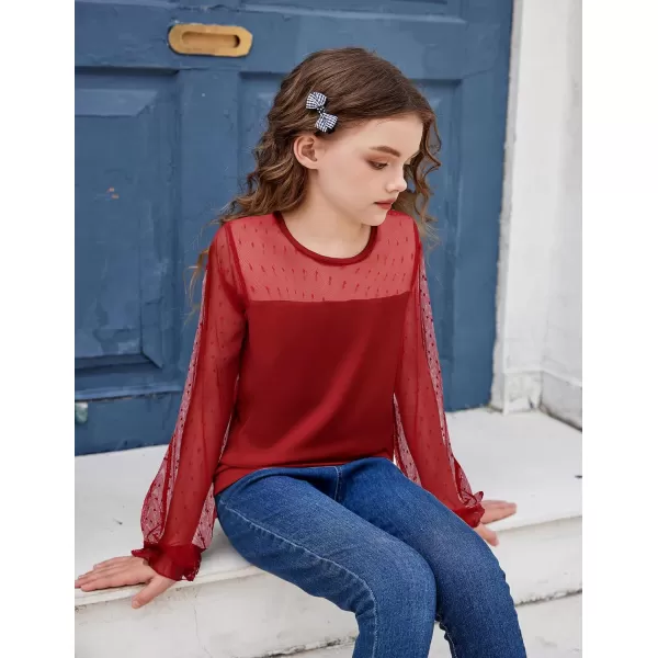Arshiner Girls Long Sleeve Shirts with Sheer Puff Cute Lantern Sleeve Design Lady Style Swiss Dots Tops for Girls Blouse Tee