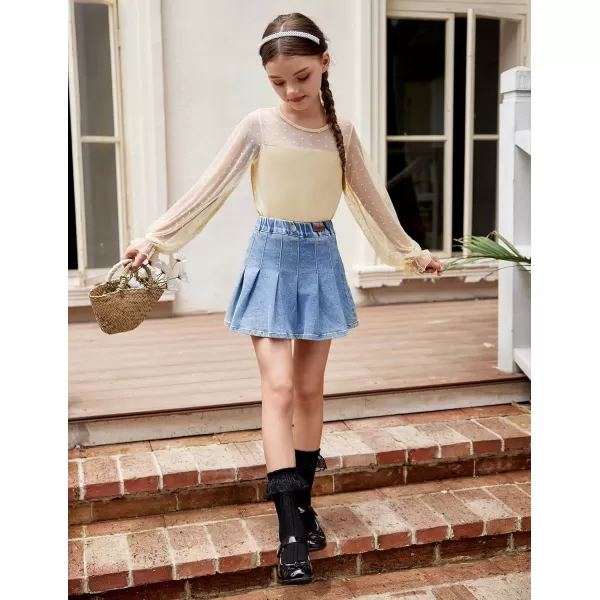 Arshiner Girls Long Sleeve Shirts with Sheer Puff Cute Lantern Sleeve Design Lady Style Swiss Dots Tops for Girls Blouse Tee