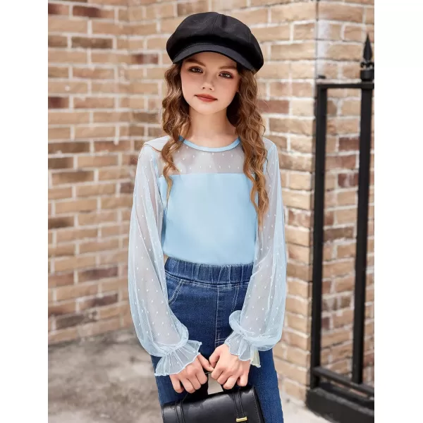 Arshiner Girls Long Sleeve Shirts with Sheer Puff Cute Lantern Sleeve Design Lady Style Swiss Dots Tops for Girls Blouse Tee