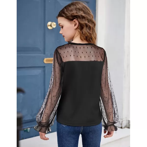 Arshiner Girls Long Sleeve Shirts with Sheer Puff Cute Lantern Sleeve Design Lady Style Swiss Dots Tops for Girls Blouse Tee
