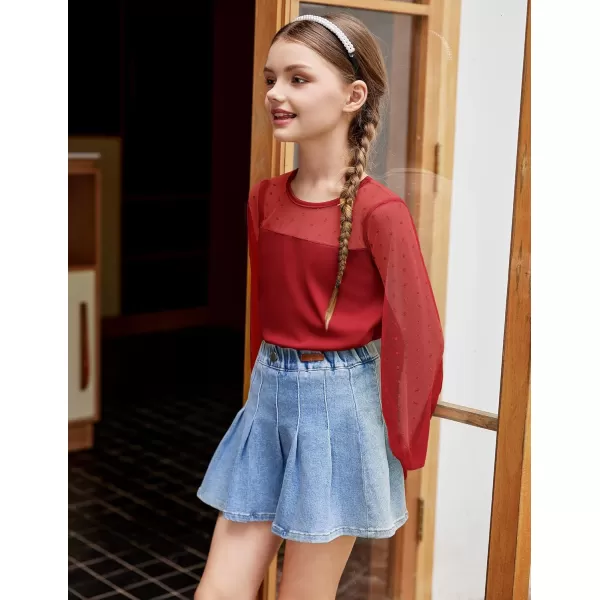 Arshiner Girls Long Sleeve Shirts with Sheer Puff Cute Lantern Sleeve Design Lady Style Swiss Dots Tops for Girls Blouse Tee