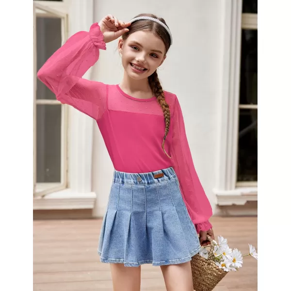 Arshiner Girls Long Sleeve Shirts with Sheer Puff Cute Lantern Sleeve Design Lady Style Swiss Dots Tops for Girls Blouse Tee