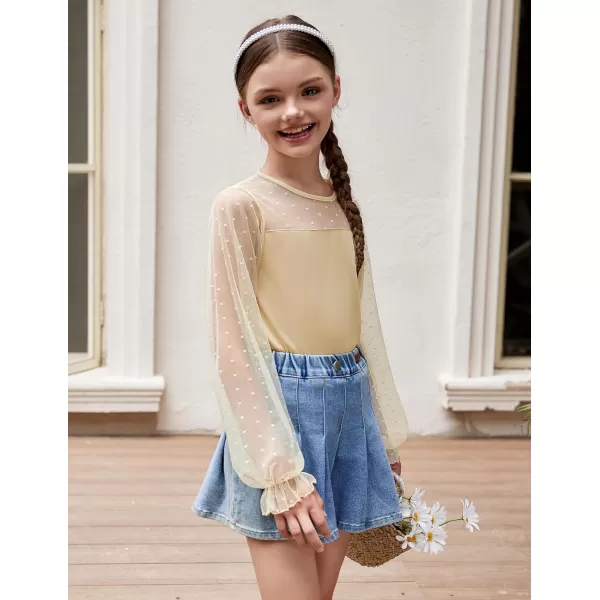 Arshiner Girls Long Sleeve Shirts with Sheer Puff Cute Lantern Sleeve Design Lady Style Swiss Dots Tops for Girls Blouse Tee