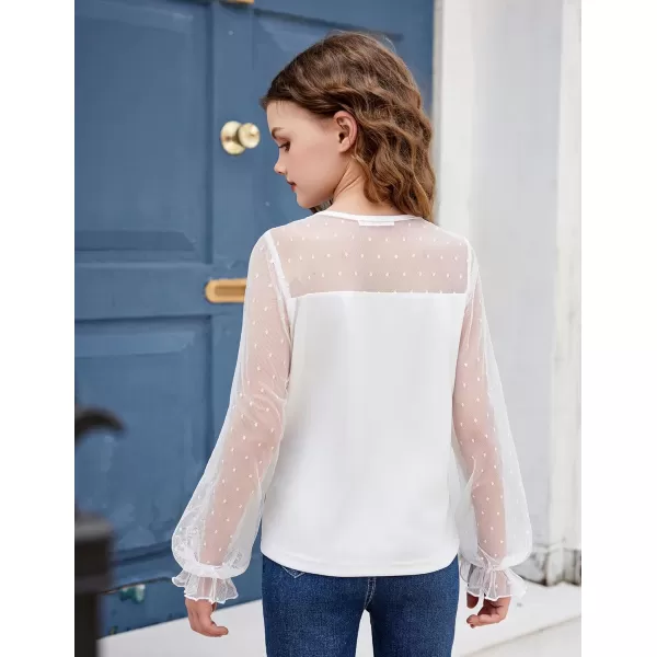 Arshiner Girls Long Sleeve Shirts with Sheer Puff Cute Lantern Sleeve Design Lady Style Swiss Dots Tops for Girls Blouse Tee
