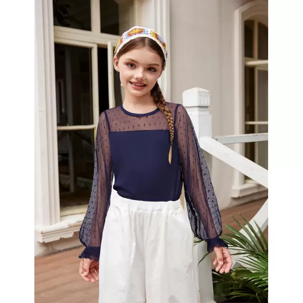 Arshiner Girls Long Sleeve Shirts with Sheer Puff Cute Lantern Sleeve Design Lady Style Swiss Dots Tops for Girls Blouse Tee