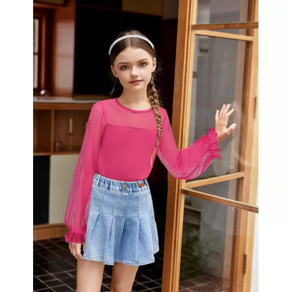Arshiner Girls Long Sleeve Shirts with Sheer Puff Cute Lantern Sleeve Design Lady Style Swiss Dots Tops for Girls Blouse Tee