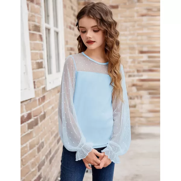 Arshiner Girls Long Sleeve Shirts with Sheer Puff Cute Lantern Sleeve Design Lady Style Swiss Dots Tops for Girls Blouse Tee