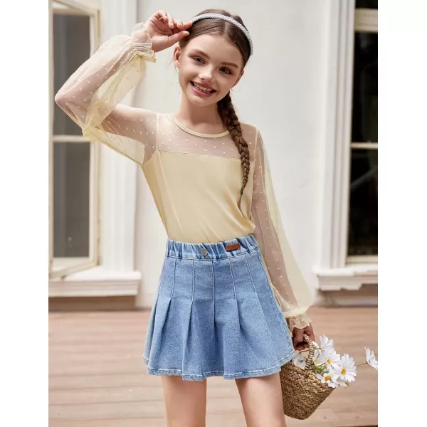 Arshiner Girls Long Sleeve Shirts with Sheer Puff Cute Lantern Sleeve Design Lady Style Swiss Dots Tops for Girls Blouse Tee
