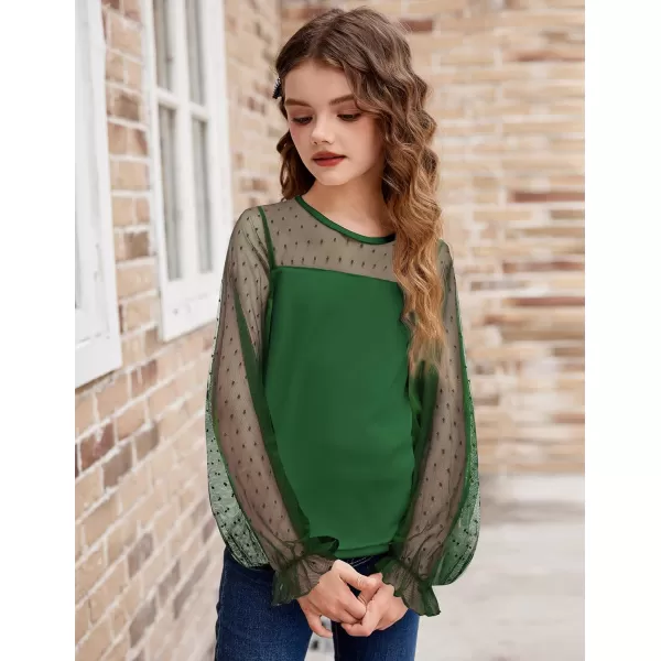 Arshiner Girls Long Sleeve Shirts with Sheer Puff Cute Lantern Sleeve Design Lady Style Swiss Dots Tops for Girls Blouse Tee