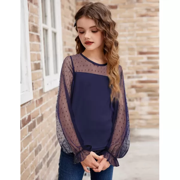 Arshiner Girls Long Sleeve Shirts with Sheer Puff Cute Lantern Sleeve Design Lady Style Swiss Dots Tops for Girls Blouse Tee