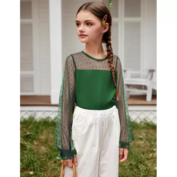 Arshiner Girls Long Sleeve Shirts with Sheer Puff Cute Lantern Sleeve Design Lady Style Swiss Dots Tops for Girls Blouse Tee