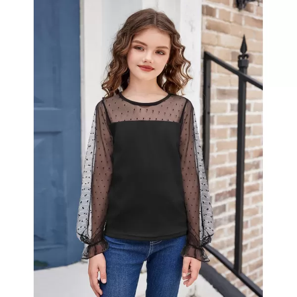 Arshiner Girls Long Sleeve Shirts with Sheer Puff Cute Lantern Sleeve Design Lady Style Swiss Dots Tops for Girls Blouse Tee