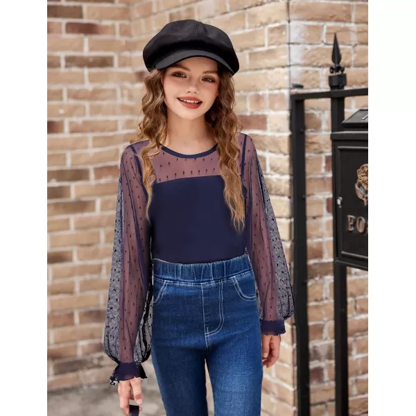 Arshiner Girls Long Sleeve Shirts with Sheer Puff Cute Lantern Sleeve Design Lady Style Swiss Dots Tops for Girls Blouse Tee