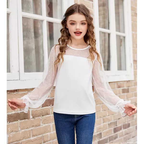 Arshiner Girls Long Sleeve Shirts with Sheer Puff Cute Lantern Sleeve Design Lady Style Swiss Dots Tops for Girls Blouse Tee