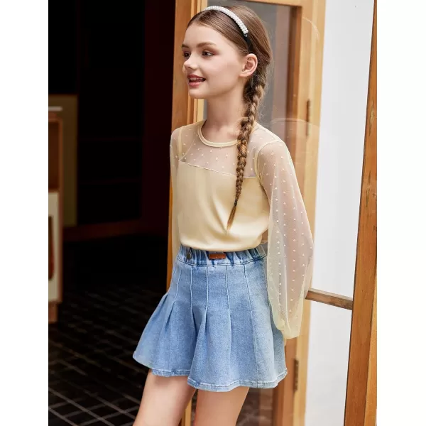 Arshiner Girls Long Sleeve Shirts with Sheer Puff Cute Lantern Sleeve Design Lady Style Swiss Dots Tops for Girls Blouse Tee