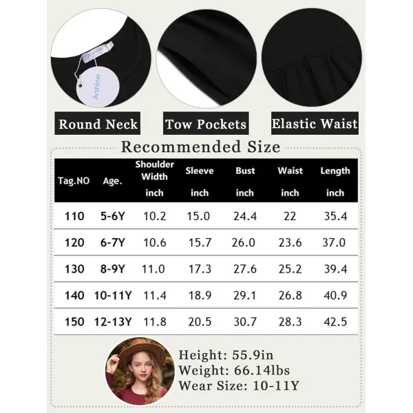 Arshiner Girls Maxi Dress Long/Short Sleeve Casual Holiday Dress with Pockets for 5-13 Years