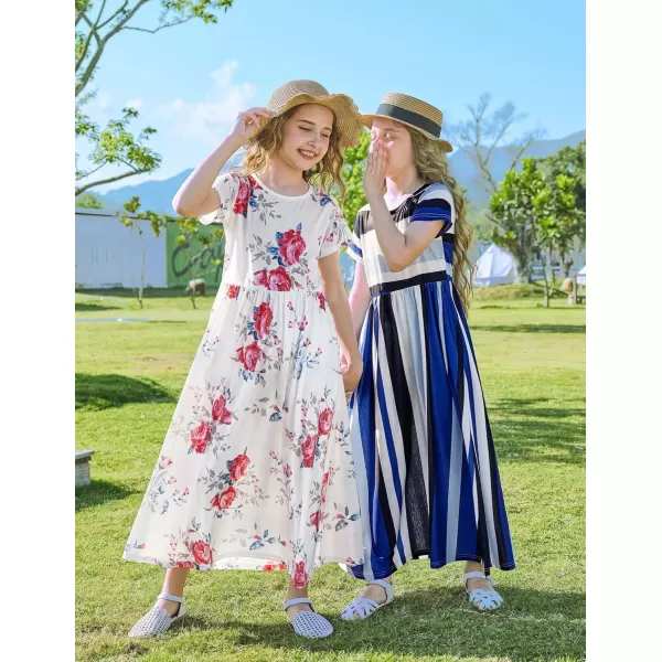 Arshiner Girls Maxi Dress Long/Short Sleeve Casual Holiday Dress with Pockets for 5-13 Years