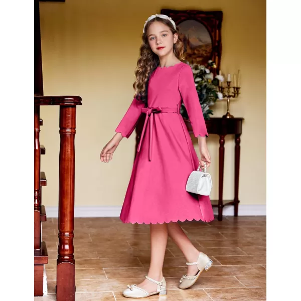 Arshiner Girls Party Dress Scallop Trim Belted A-Line Formal Midi Dresses with Pockets for 6-15Y