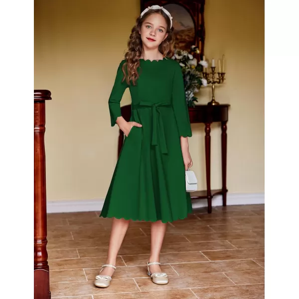 Arshiner Girls Party Dress Scallop Trim Belted A-Line Formal Midi Dresses with Pockets for 6-15Y