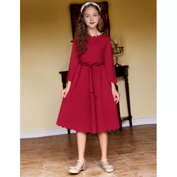 Arshiner Girls Party Dress Scallop Trim Belted A-Line Formal Midi Dresses with Pockets for 6-15Y