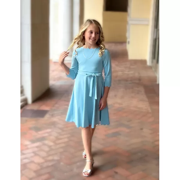 Arshiner Girls Party Dress Scallop Trim Belted A-Line Formal Midi Dresses with Pockets for 6-15Y