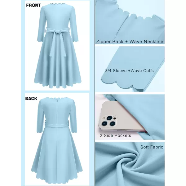Arshiner Girls Party Dress Scallop Trim Belted A-Line Formal Midi Dresses with Pockets for 6-15Y