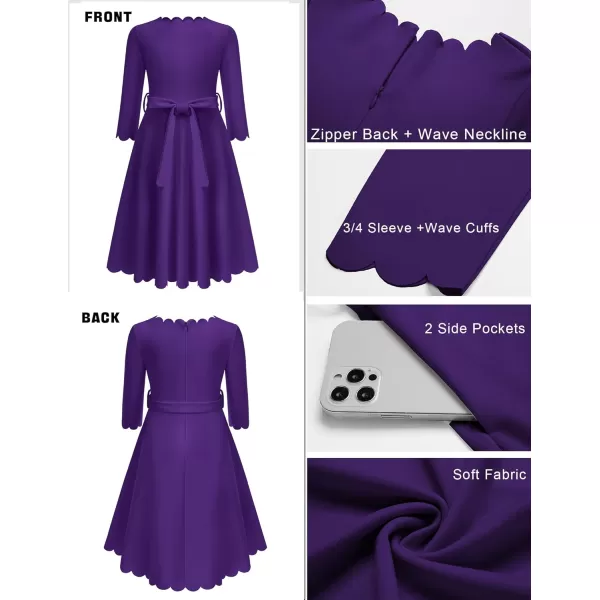 Arshiner Girls Party Dress Scallop Trim Belted A-Line Formal Midi Dresses with Pockets for 6-15Y