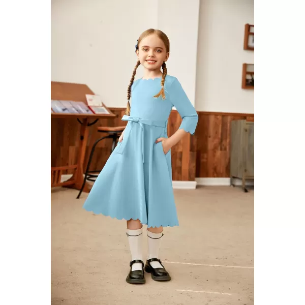 Arshiner Girls Party Dress Scallop Trim Belted A-Line Formal Midi Dresses with Pockets for 6-15Y