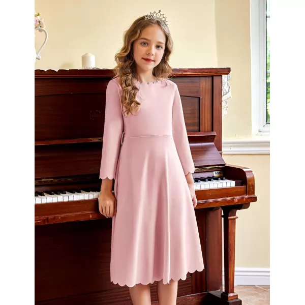 Arshiner Girls Party Dress Scallop Trim Belted A-Line Formal Midi Dresses with Pockets for 6-15Y
