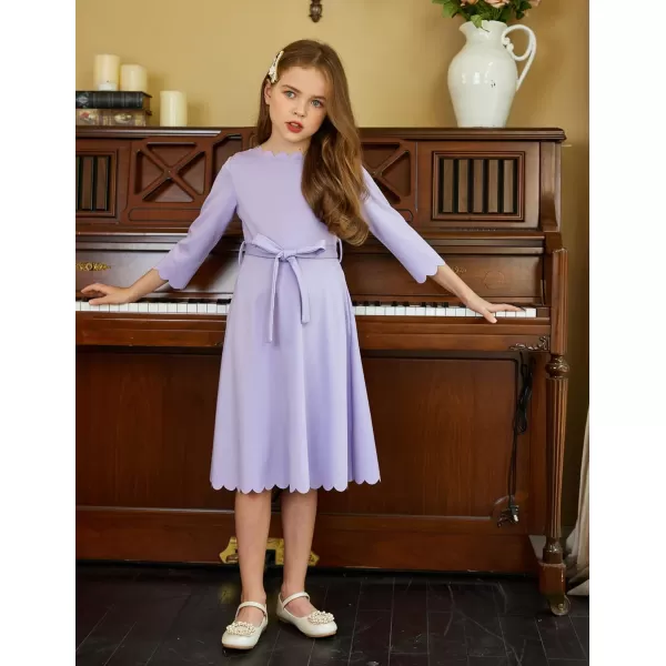 Arshiner Girls Party Dress Scallop Trim Belted A-Line Formal Midi Dresses with Pockets for 6-15Y