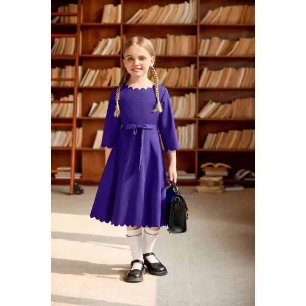 Arshiner Girls Party Dress Scallop Trim Belted A-Line Formal Midi Dresses with Pockets for 6-15Y