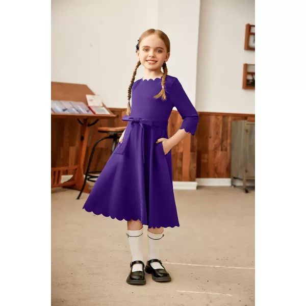 Arshiner Girls Party Dress Scallop Trim Belted A-Line Formal Midi Dresses with Pockets for 6-15Y