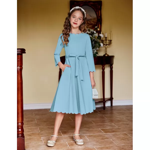Arshiner Girls Party Dress Scallop Trim Belted A-Line Formal Midi Dresses with Pockets for 6-15Y