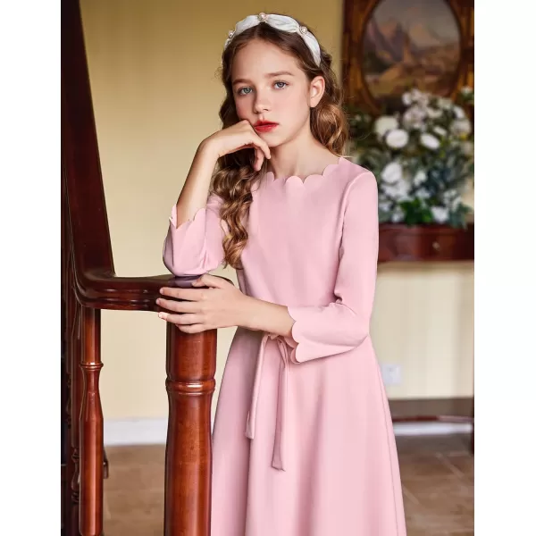 Arshiner Girls Party Dress Scallop Trim Belted A-Line Formal Midi Dresses with Pockets for 6-15Y
