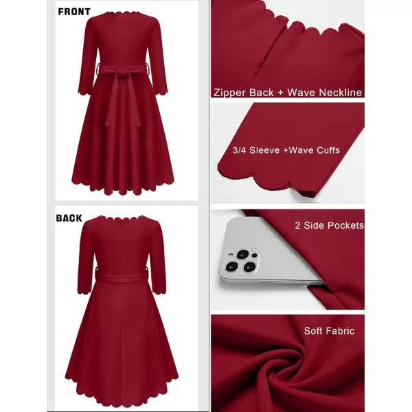 Arshiner Girls Party Dress Scallop Trim Belted A-Line Formal Midi Dresses with Pockets for 6-15Y