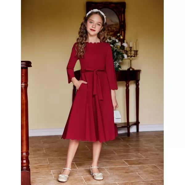Arshiner Girls Party Dress Scallop Trim Belted A-Line Formal Midi Dresses with Pockets for 6-15Y