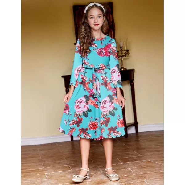 Arshiner Girls Party Dress Scallop Trim Belted A-Line Formal Midi Dresses with Pockets for 6-15Y